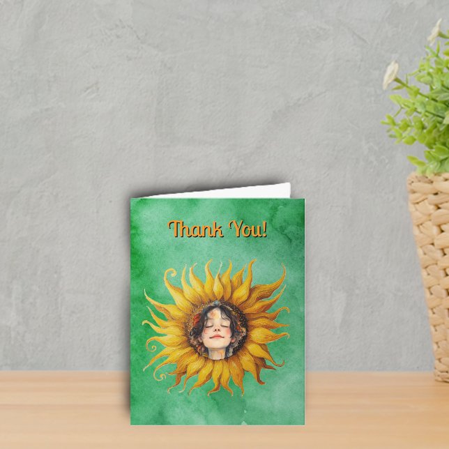 Carte De Remerciements Smiling Girls Face in Middle of Yellow Sunflower (Smiling girl's face in middle of big fancy yellow sunflower on shades of green Thank you cards.)