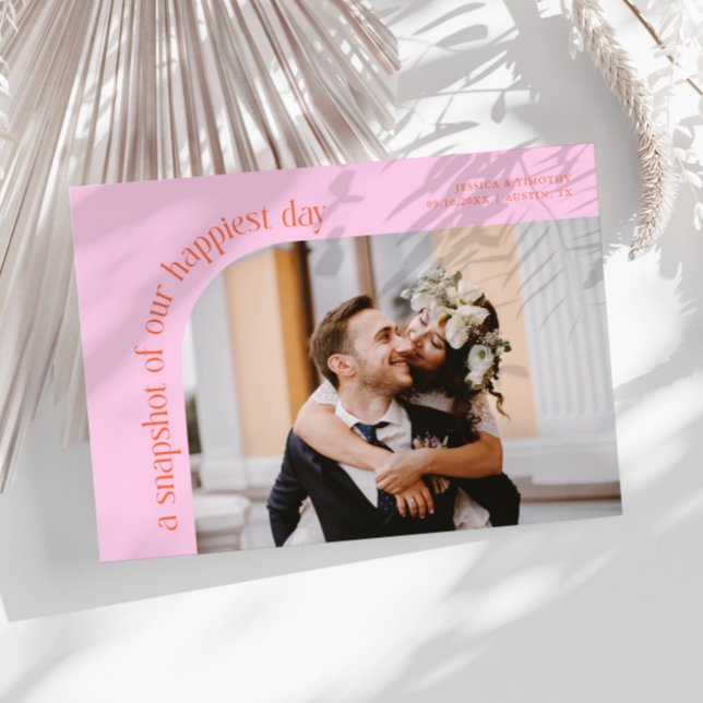 Carte De Remerciements Snapshot Happiest Day Orange Pink Wedding Photo (Créateur téléchargé)