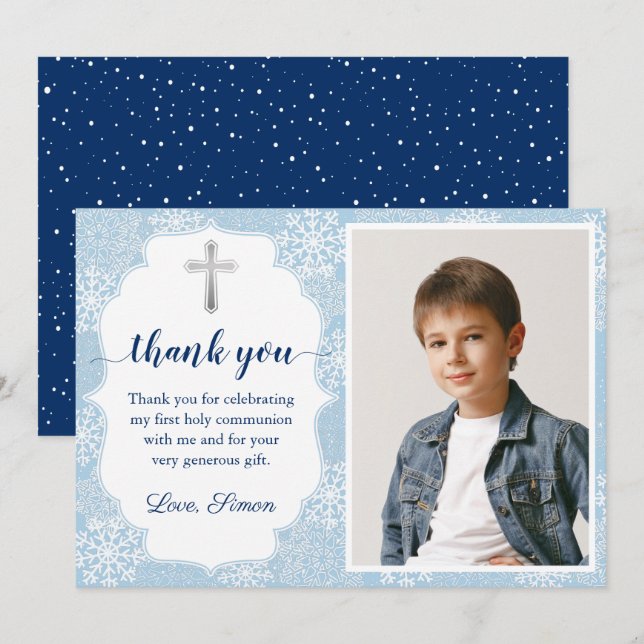 Carte De Remerciements Snowflakes d'hiver Blue First Holy Communion Photo (Devant / Derrière)