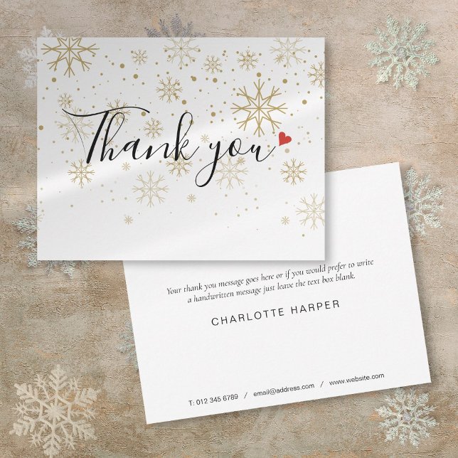 Carte De Remerciements Snowflakes Gold de Noël Élégant Script Business (Christmas Gold Snowflakes Elegant Script Business Thank You Card)