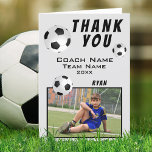 Carte De Remerciements Soccer / Football Sports Thank you Coach Card<br><div class="desc">Soccer / Football Sports Thank you Coach Card. Soccer thank you coach card with photo, thank you text, coach name, team name, year, your name and soccer balls. Inside the card are more soccer balls. Photo thank you card - add your photo into the template. Personalize the card with names...</div>