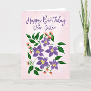 Carte De Remerciements Soeur Anniversaire Peinture Fleurs violettes et ro