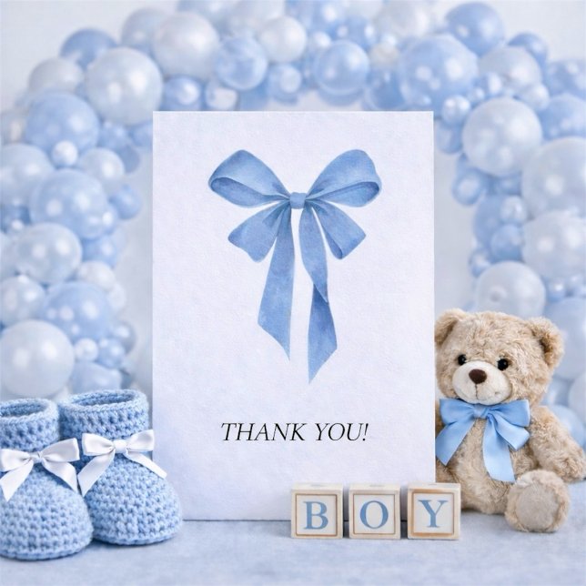 Carte De Remerciements Soft Blue Bow Boy Baby Shower (Soft Blue Bow Boy Baby Shower Thank You Card)