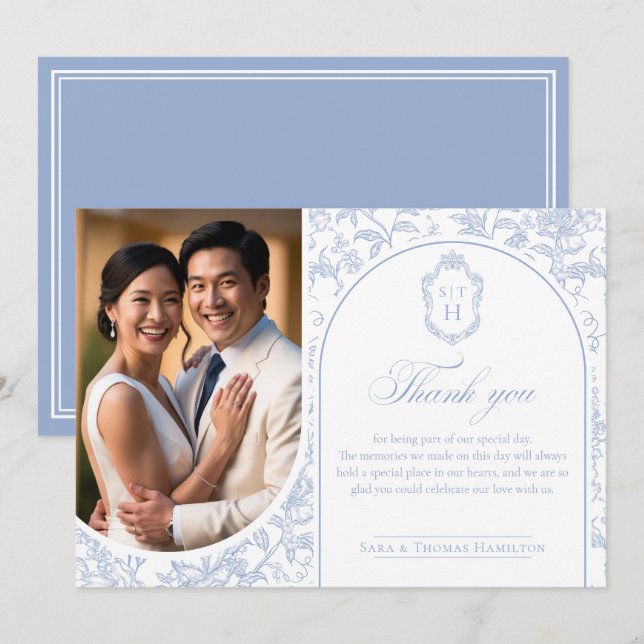 Carte De Remerciements Soft Blue Floral Chinoiserie Monogram Wedding (Devant / Derrière)