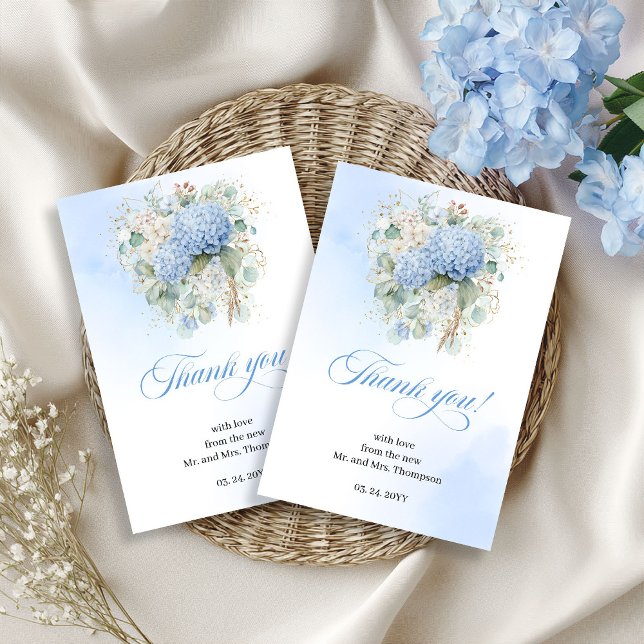 Carte De Remerciements Soft Blue Hydrangeas Eucalyptus Wedding thank you  (Soft Blue Hydrangeas Eucalyptus Wedding thank you card)