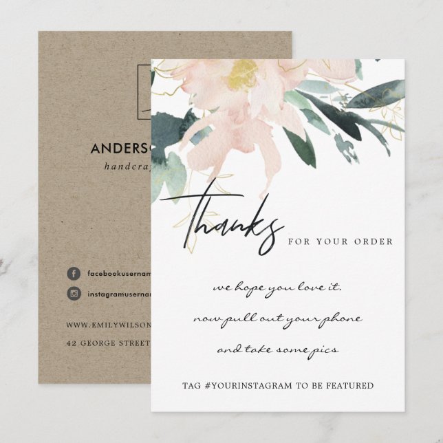 CARTE DE REMERCIEMENTS SOFT BLUSH GOLD FLORAL ENTREPRISE LOGO D'ENTREPRIS (Devant / Derrière)