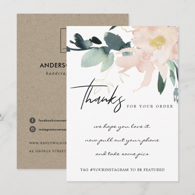 CARTE DE REMERCIEMENTS SOFT BLUSH GOLD FLORAL ENTREPRISE LOGO D'ENTREPRIS (Devant / Derrière)