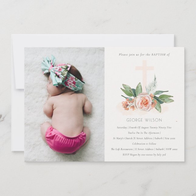 Carte De Remerciements Soft Peach Rose Floral Cross Photo Baptism Invitat (Devant)