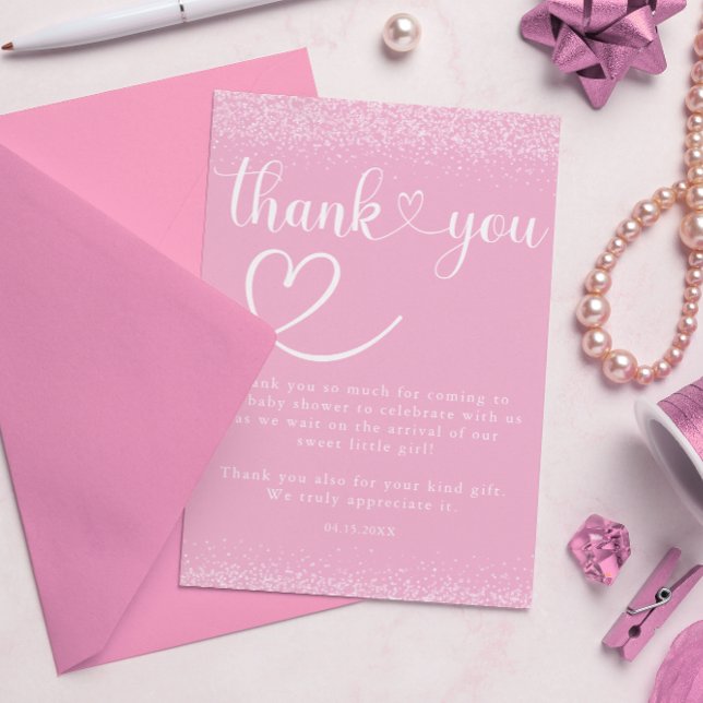 Carte De Remerciements Soft Pink Glitter Thank You Heart Script (Créateur téléchargé)