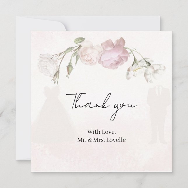 Carte De Remerciements Soft Pink Roses & Bride and Groom Collection (Devant)