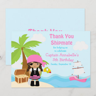 Carte De Remerciements Soirée d'anniversaire de la mignonne fille pirate 