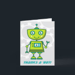 Carte De Remerciements Soirée d'anniversaire des robots verts<br><div class="desc">Les notes de remerciement pour les enfants sur le thème de la robotique comprennent un mignon robot futuriste agitant de la chaux, un robot vert et turquoise avec des engrenages mécaniques gris dans l'arrière - plan. "Merci un "bot" texte peut être personnalisé.</div>