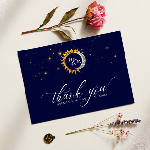 Carte De Remerciements Soleil et Lune Elegant Monogramme bleu marine