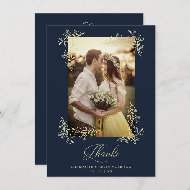 Carte De Remerciements Sophisticated Navy Flourish Photo Wedding Thanks (Devant / Derrière)