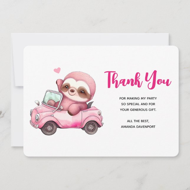 Carte De Remerciements Sourire rose Sloth conduisant une convertible (Devant)