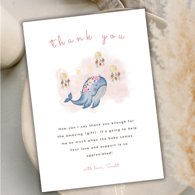 Carte De Remerciements Sous Le Baby shower Floral See Sweet Whale (Under The See Sweet Whale Floral Baby Shower Thank You Card)