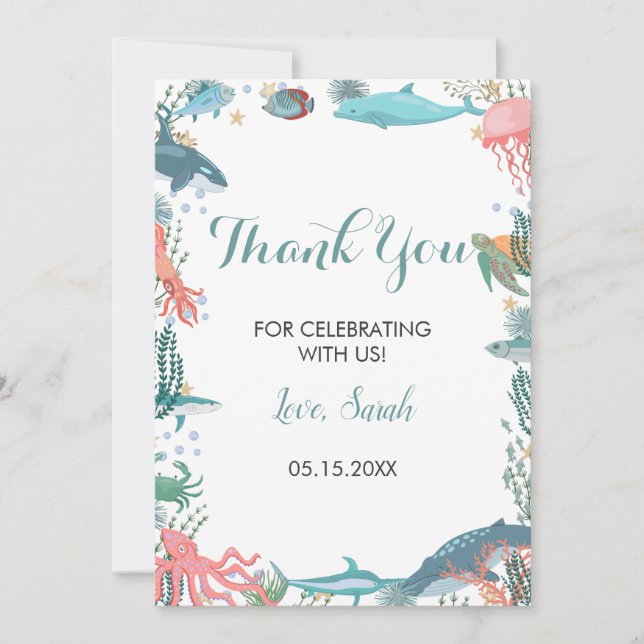 Carte De Remerciements Sous le Baby shower Sea Cute Ocean Animaux RSVP (Devant)
