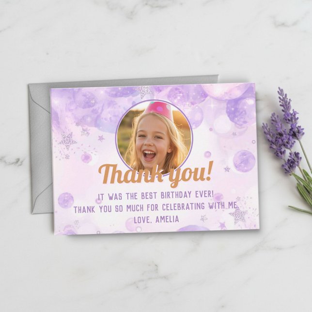 Carte De Remerciements Sparkly Purple Photo Girls Birthday Party (Créateur téléchargé)