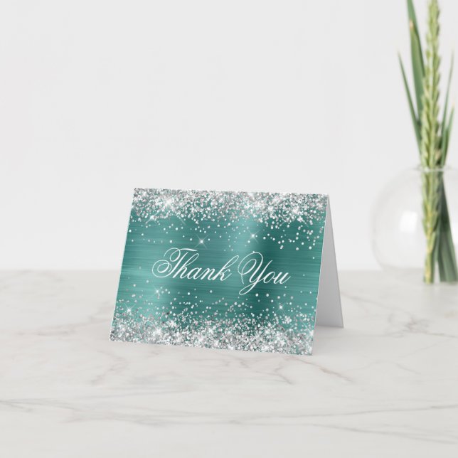 Carte De Remerciements Sparkly Silver Faux Parties scintillant Aqua Turqu (Devant)