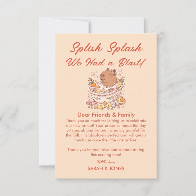 Carte De Remerciements Splish Splash Capybara Baby Girl Shower (Devant)