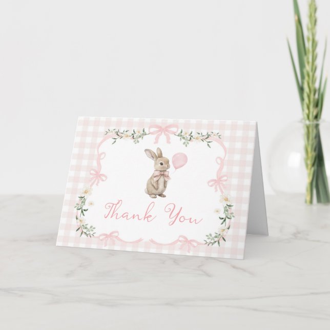 Carte De Remerciements Spring Coquette Bunny Pink Gingham 1st Birthday (Devant)