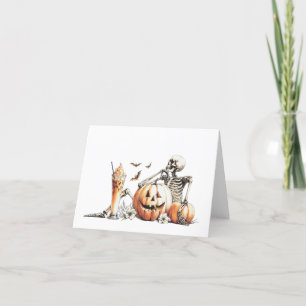 Carte De Remerciements Squelette avec citrouille et boire. Halloween.
