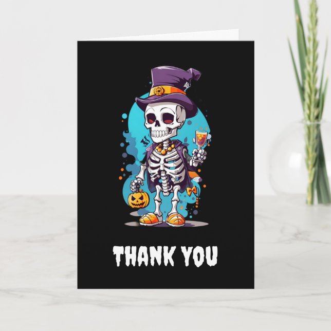 Carte De Remerciements Squelette cool dans un Halloween de chapeau haut d (Devant)