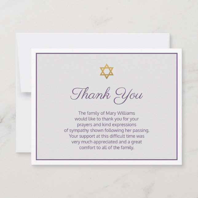 Carte De Remerciements Star of David Purple and Greenery Funeral (Devant)