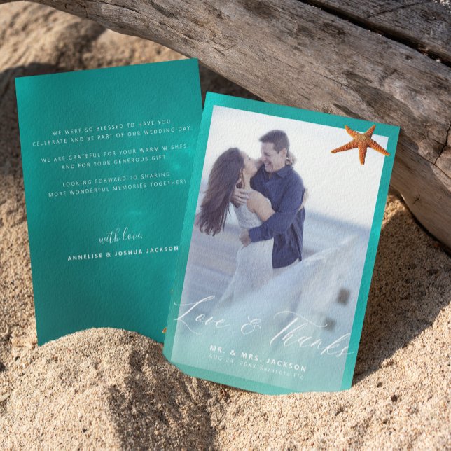 Carte De Remerciements Starfish aqua bleu plage photo de mariage (Créateur téléchargé)