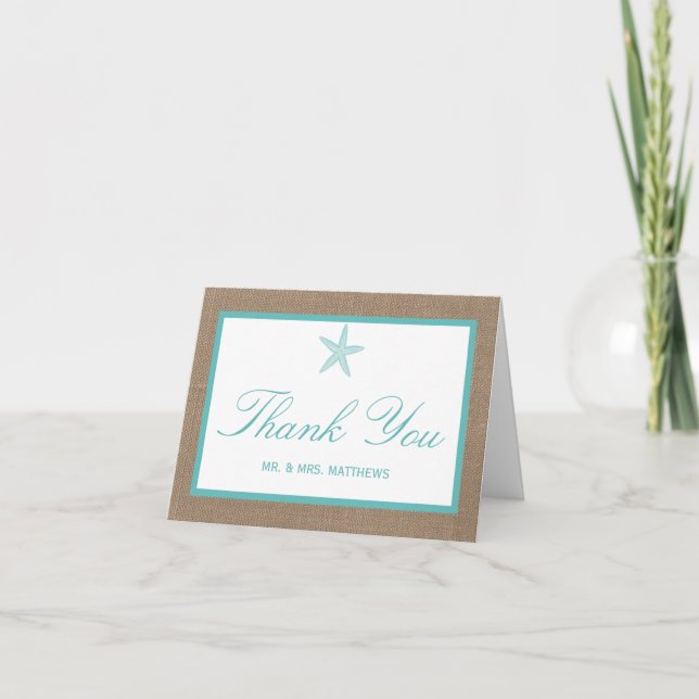 Carte De Remerciements Starfish Turquoise Burlap Beach Wedding Collection (Devant)