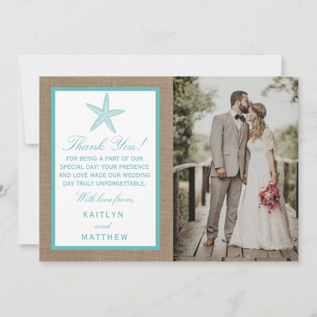 Carte De Remerciements Starfish Turquoise Burlap Beach Wedding Collection (Devant)