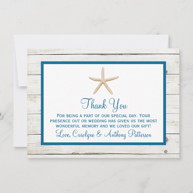Carte De Remerciements Starfish Whitewashed Wood Beach Wedding Collection (Devant)