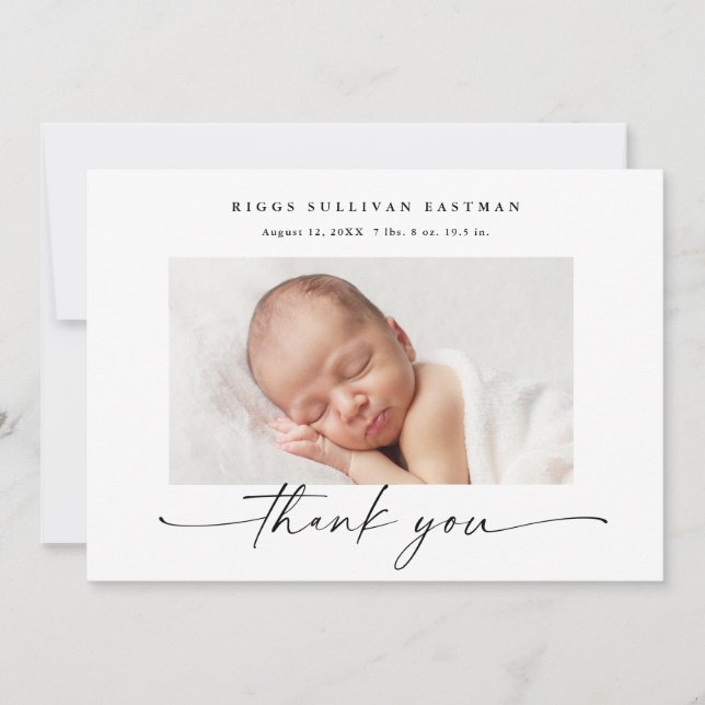 Carte De Remerciements Statistiques de photo de bébé de script simple (Devant)