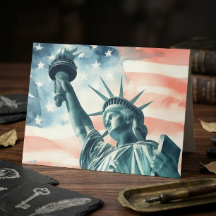 Carte De Remerciements Statue de la Liberté à l'aquarelle avec drapeau am
