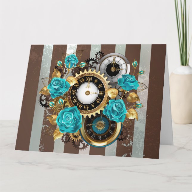 Carte De Remerciements Steampunk Clock and Turquoise Roses on Striped (Devant)