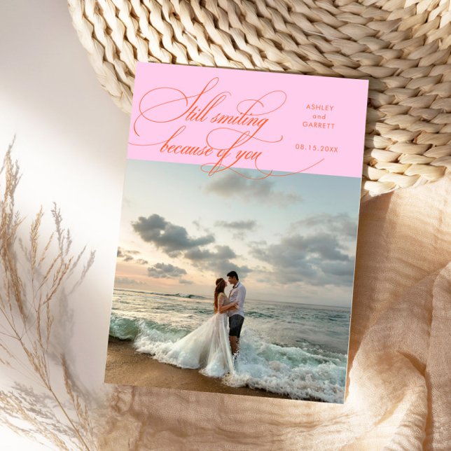 Carte De Remerciements Still Smiling Elegant Wedding Photo Orange Pink (Créateur téléchargé)