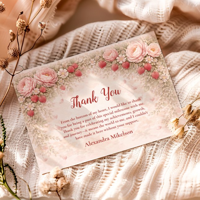 Carte De Remerciements Strawberry Blush Garden Celebration 1st Birthday (Créateur téléchargé)