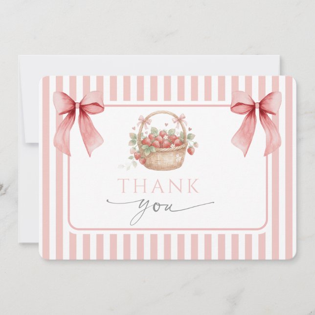 Carte De Remerciements Strawberry Pink Stripe Bow Girl Baby shower (Devant)