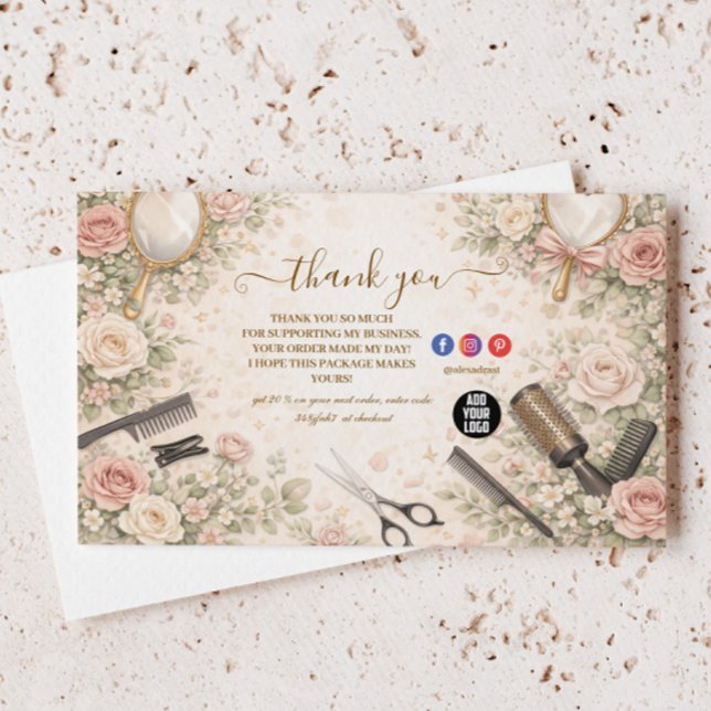 Carte De Remerciements Studio de coiffure florale romantique branding (Créateur téléchargé)