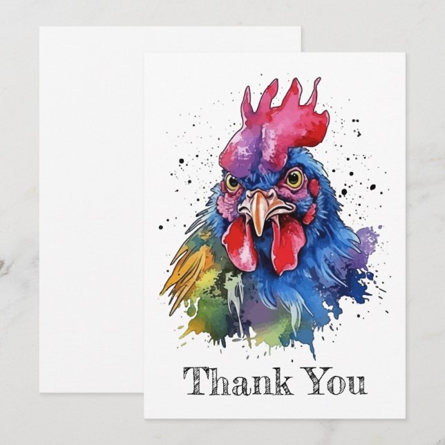 Carte De Remerciements Style d'aquarelle de poulet du coq du pays (Devant / Derrière)