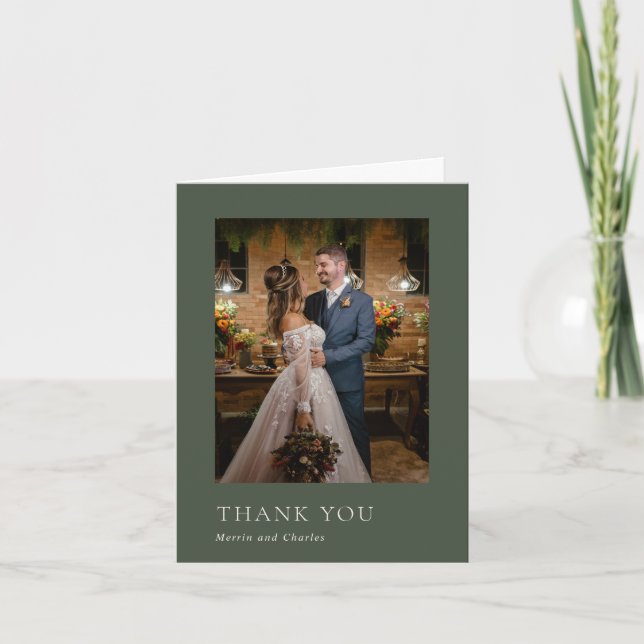 Carte De Remerciements Style Olive Green Photo Mariage moderne (Devant)