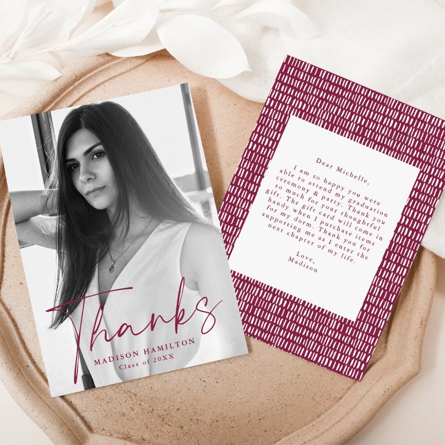 Carte De Remerciements Stylish Maroon Script Photo Graduation (Créateur téléchargé)