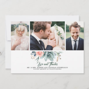 Carte De Remerciements Succulents Verdure et rose Rose 3 Photos Mariage