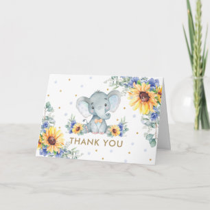Carte De Remerciements Sunflower Blue Floral Elephant Baby shower garçon 
