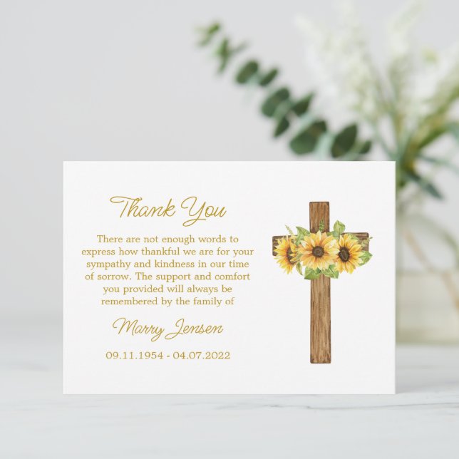 Carte De Remerciements Sunflower Cross Sympathy Thank You Card (Debout devant)