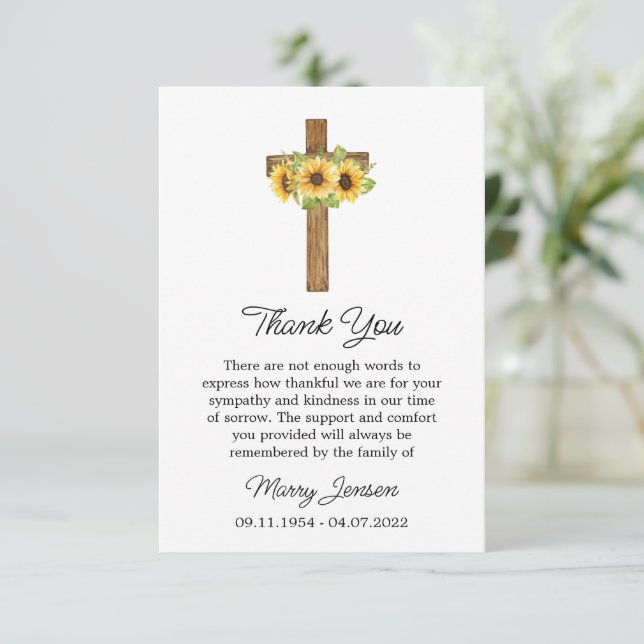 Carte De Remerciements Sunflower Cross Sympathy Thank You Card (Debout devant)
