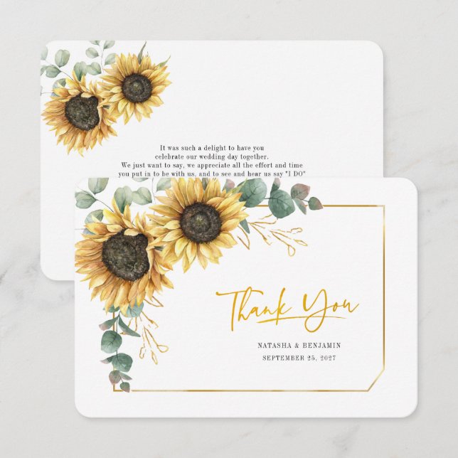 Carte De Remerciements Sunflower Floral Eucalyptpus Mariage de verdure (Devant / Derrière)