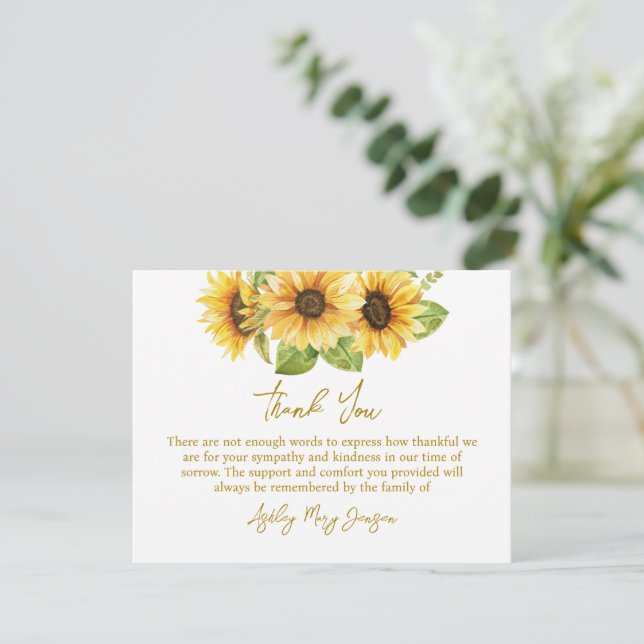 Carte De Remerciements Sunflower Funeral Thank You Note Card Bereavement (Debout devant)
