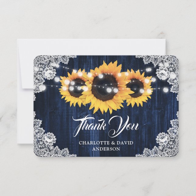 Carte De Remerciements Sunflower Navy Bleu Russe Mariage dentelle en bois (Devant)