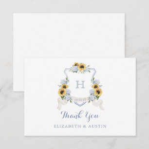 Carte De Remerciements Sunflowers Blue Hydrangea Crest Mariage Monogramme